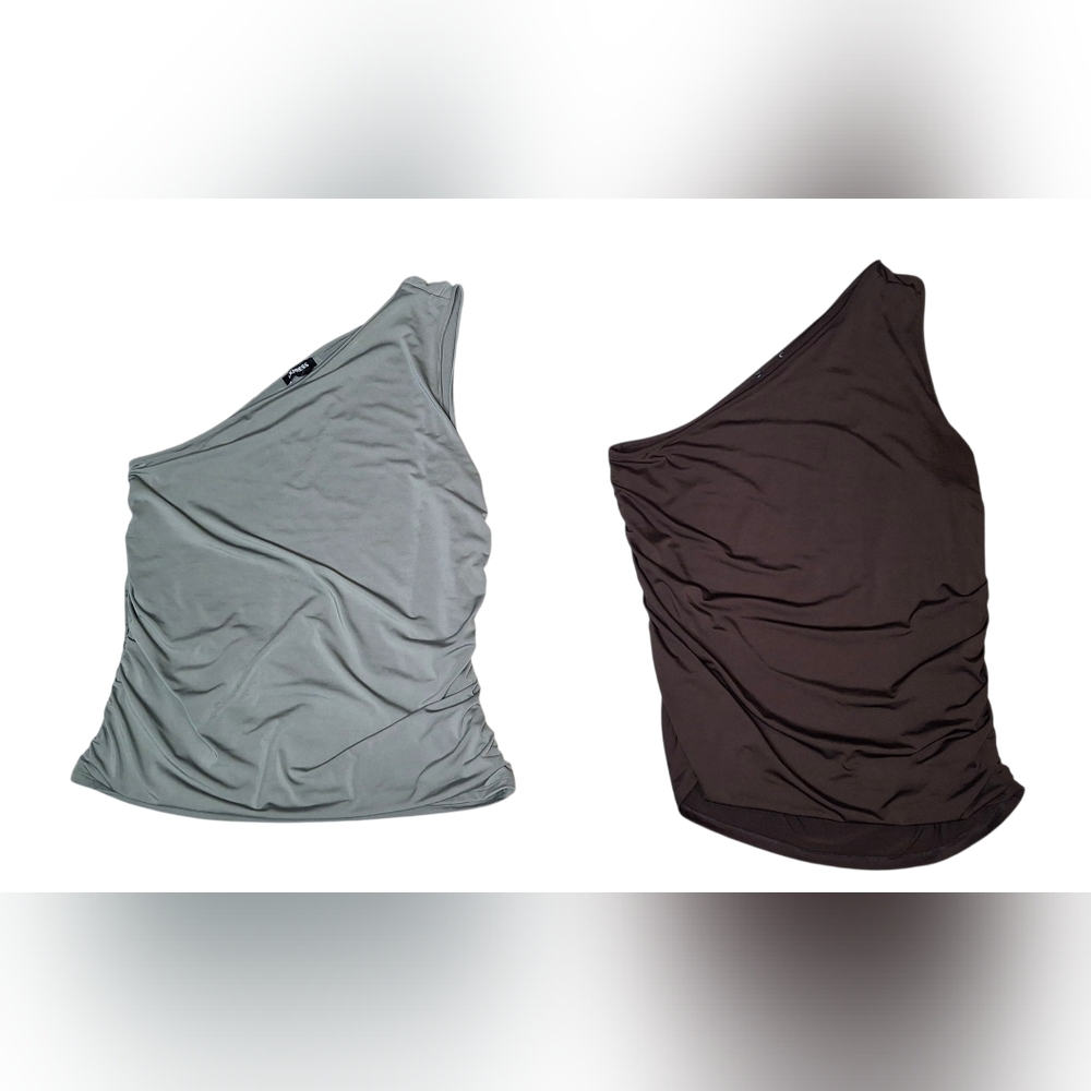 Express Women’s Size XL One Shoulder Top Brown And Sage Ruched Stretch Lot Of 2 - Picture 4 of 15